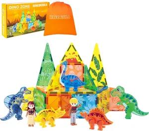 Dinosaur Magnetic Tiles, Educational Magnet Tiles Building Block Toy Dino World, Learning Construction Magnetic Toys Set for Boys Girls Kids Age 3 4 5 6 7 8（49 PCS）