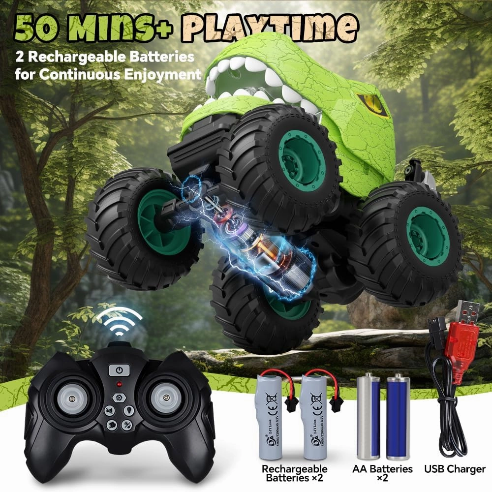 Dinosaur Remote Control Car for Boys 4-7 8-12, 50min  Runtime RC Car with Spray, LED Light, 360° Rotating & 90° Driving, RC Monster Truck Toy for Kids Birthday