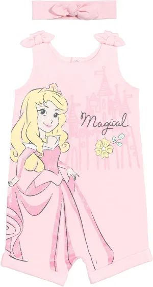 Disney Princess Rapunzel Ariel Belle Jasmine Aurora Baby Girls Snap Romper and Headband Newborn to Toddler