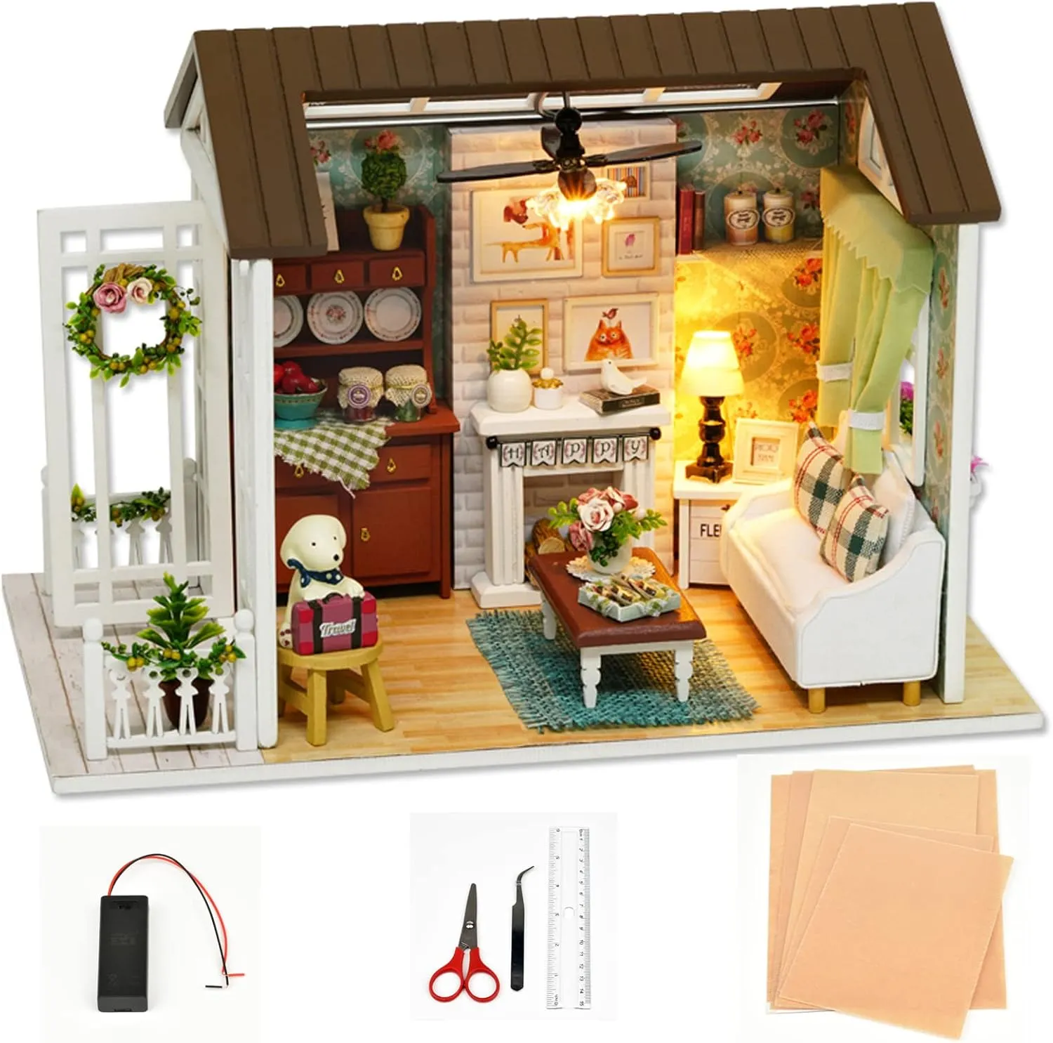 DIY Miniature Dollhouse Kit Realistic Mini 3D Wooden Mini Doll House Room with Furniture LED Lights Christmas Decoration Birthday Gift for Kids Teens Adults (Happy time)