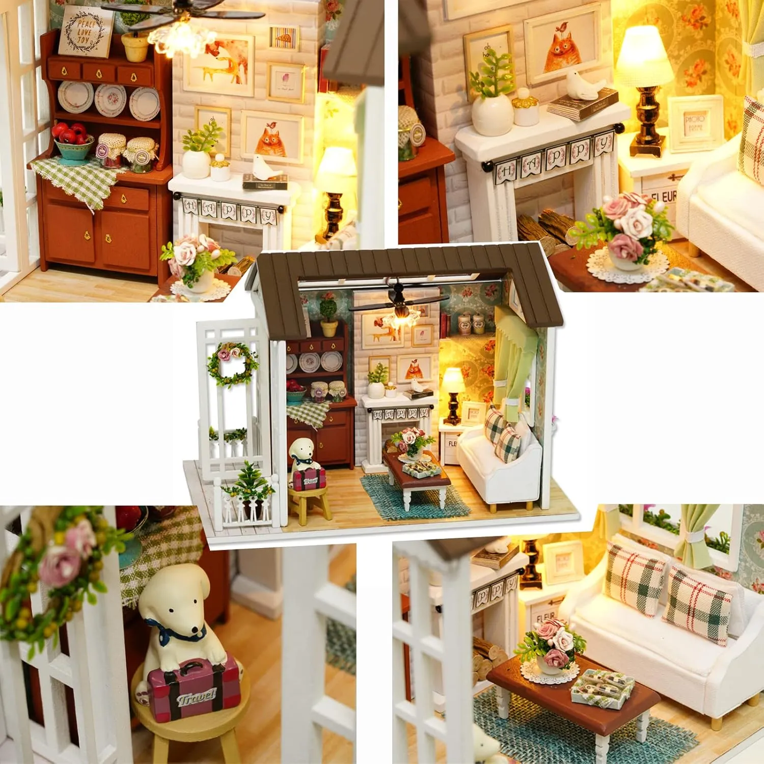 DIY Miniature Dollhouse Kit Realistic Mini 3D Wooden Mini Doll House Room with Furniture LED Lights Christmas Decoration Birthday Gift for Kids Teens Adults (Happy time)