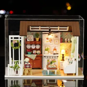 DIY Miniature Dollhouse Kit Realistic Mini 3D Wooden Mini Doll House Room with Furniture LED Lights Christmas Decoration Birthday Gift for Kids Teens Adults (Happy time)