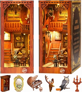 DIY Book Nook Kit for Adults, Miniature Dollhouse 3D Puzzle Wooden Bookends Booknook Bookshelf Insert Decor with LED Light for Kids Teens and Adults