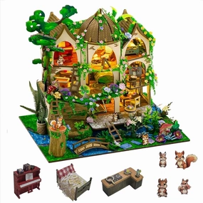 DIY Miniature House Kit, Tiny House Kit with Furniture & LED, DIY Wooden Dollhouse Miniature Kit for Adults Teen, Wooden Crafts Lovely Dollhouse Kit, Forest Castle