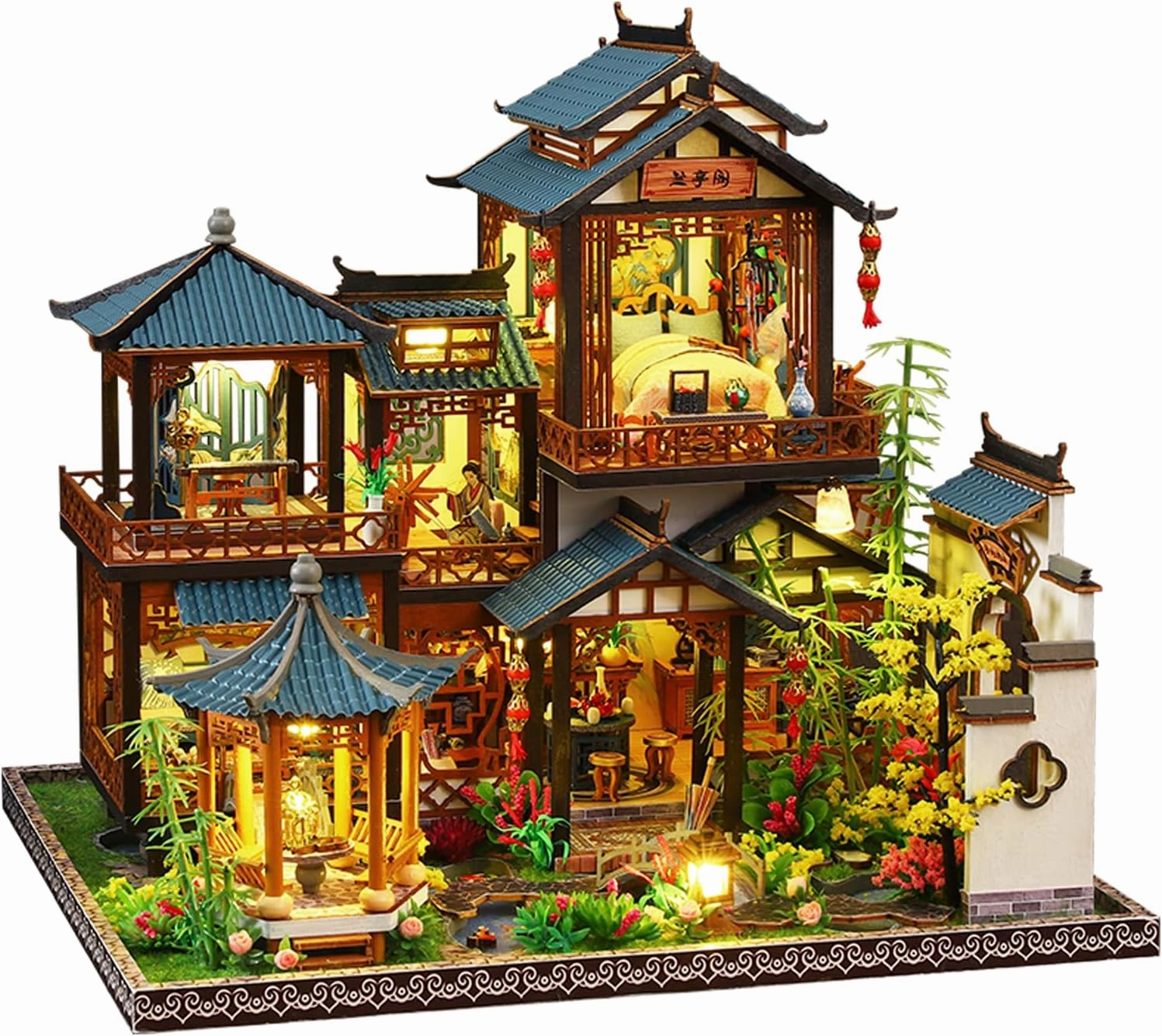 DIY Miniature House Kit: Villa Tiny House Kit with LED Light - DIY Wooden Dollhouse Miniature Kit for Adults Teen, Wooden Crafts Vintage Courtyard Doll House Kit, Great Handmade Crafts Gift