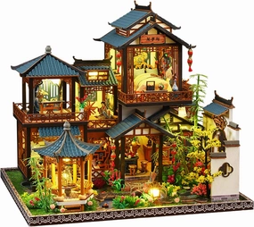 DIY Miniature House Kit: Villa Tiny House Kit with LED Light - DIY Wooden Dollhouse Miniature Kit for Adults Teen, Wooden Crafts Vintage Courtyard Doll House Kit, Great Handmade Crafts Gift