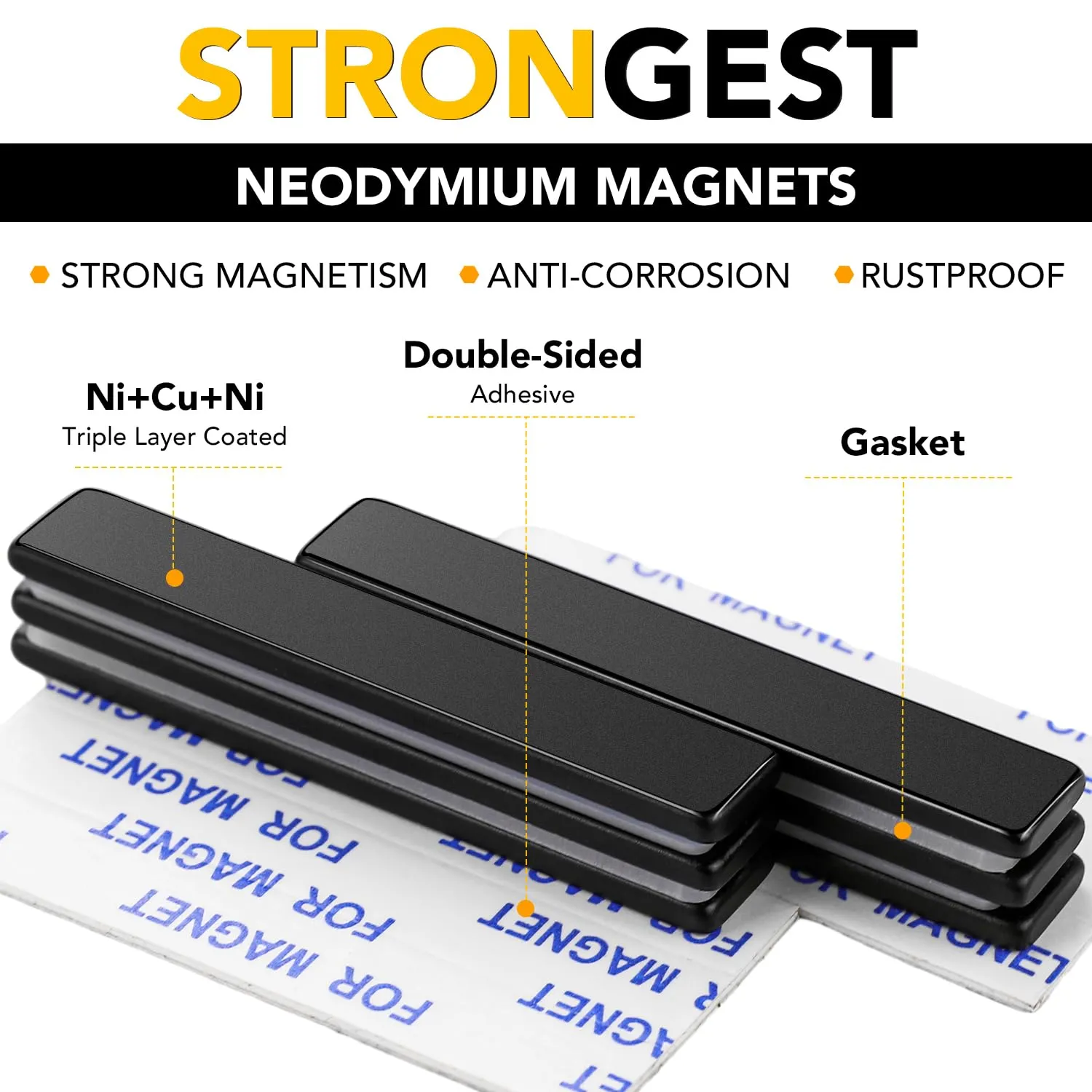 DIYMAG Waterproof Neodymium Bar Magnets with Epoxy Coating, Powerful Permanent Rare Earth Magnets, with Double-Sided Adhesive - 60 x 10 x 3mm, Pack of 24