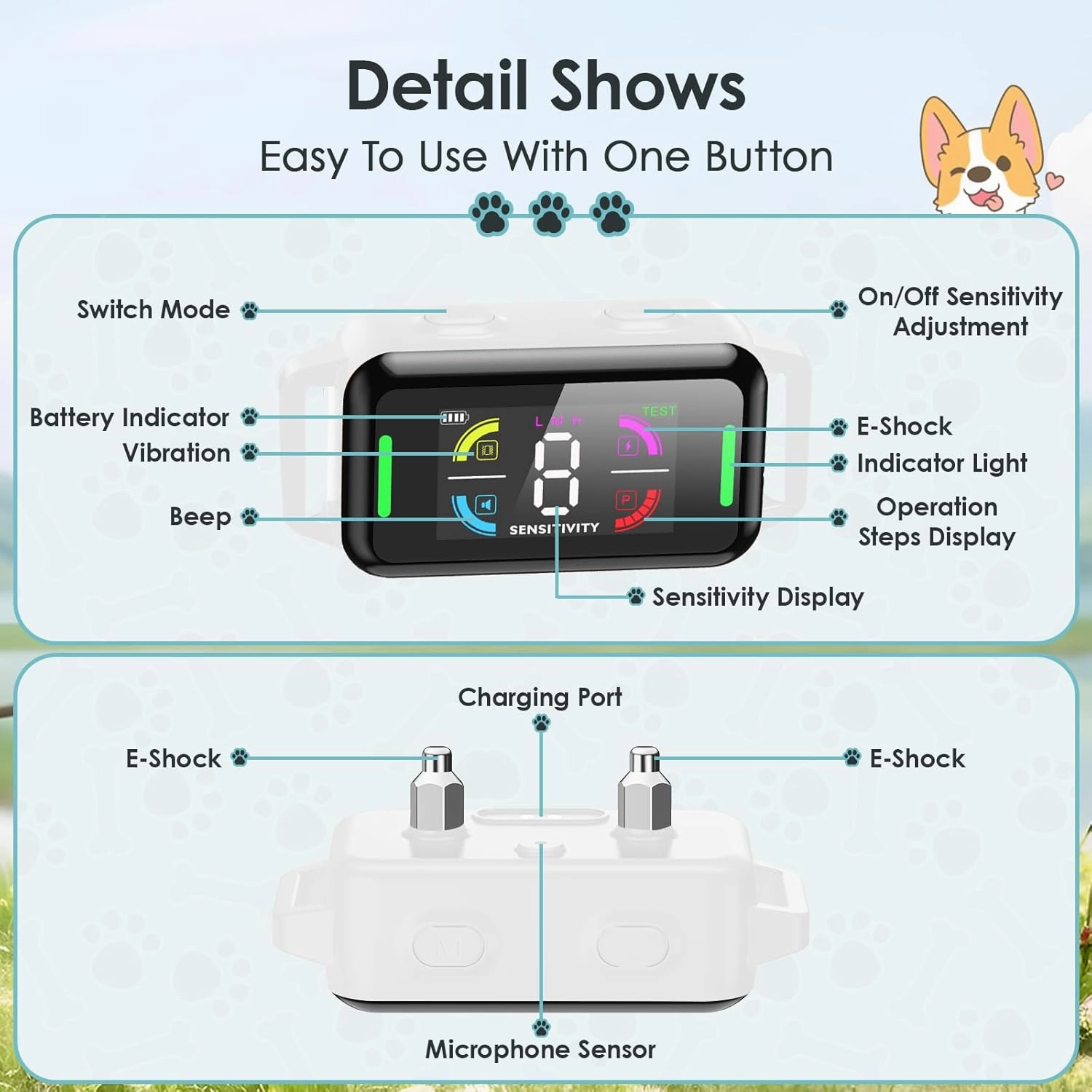 Dog Shock Collar Rechargeable Dog Bark Collar Waterproof Barking Shock Collar Automatic Safe Anti Bark Collar with 8 Adjustable Sensitivity Levels for Large, Medium and Small Dogs (White)