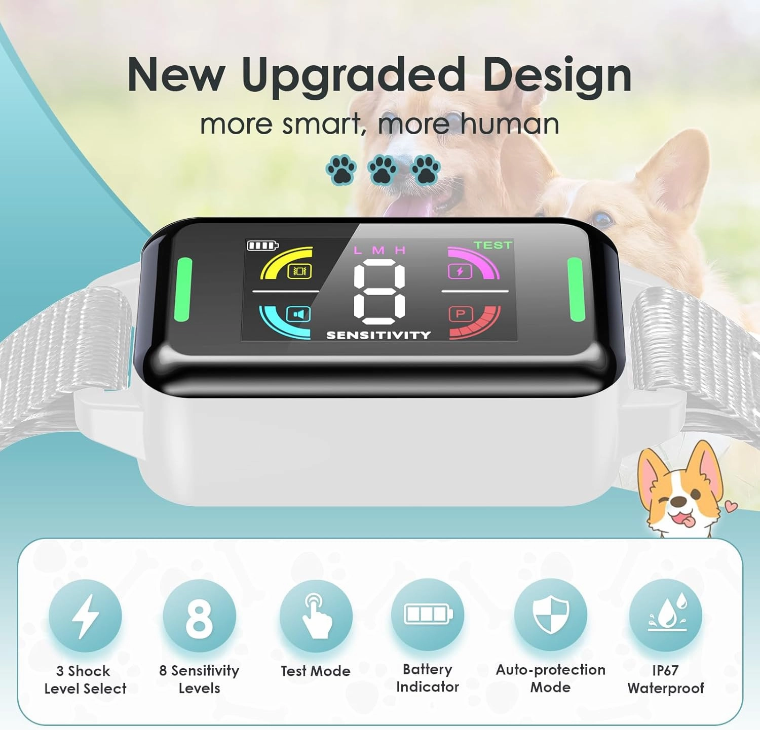 Dog Shock Collar Rechargeable Dog Bark Collar Waterproof Barking Shock Collar Automatic Safe Anti Bark Collar with 8 Adjustable Sensitivity Levels for Large, Medium and Small Dogs (White)