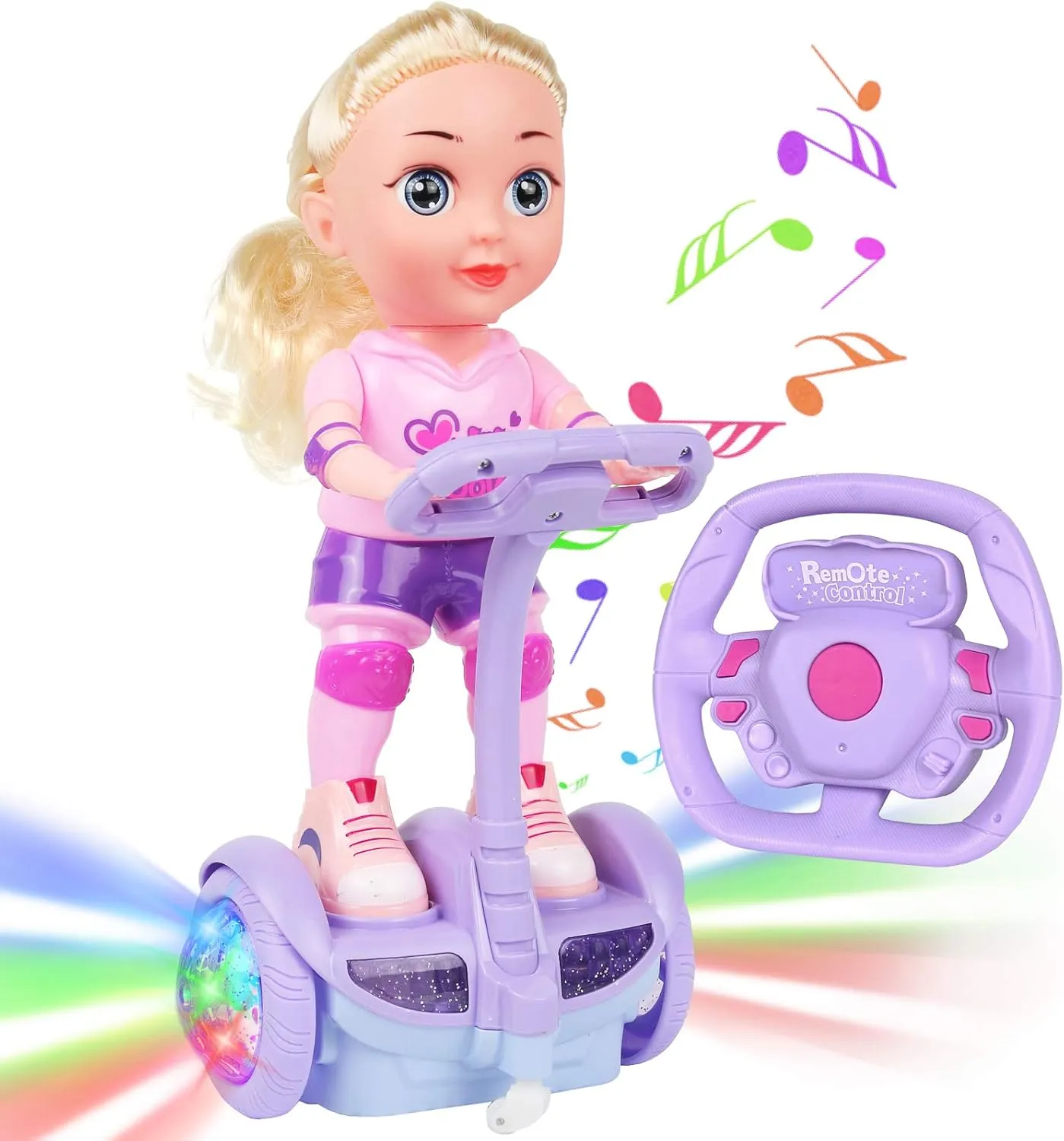 Doll Set with Remote Control Toy Electric Scooter for Kids with LED Lights Music and 360° Rotation