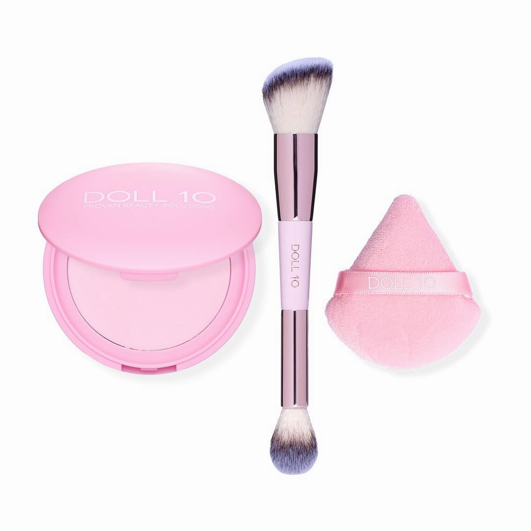 Doll 10 - Pink Power Pressed Setting Powder with Brush & Sponge – Brightening Compact Powder – Talc Free Blurring Powder for Face – Vegan, Clean Beauty – Soft Matte Finish – 4 Month Supply
