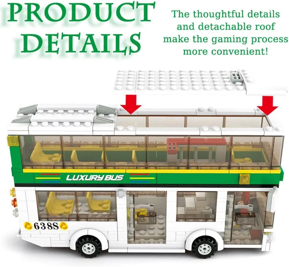 Double Decker Bus Building Block Set,Gas Station Children's Toys,Best Learning Roleplay STEM Bricks Play Toys Gift for Boys Girls Aged 6-12,409PCS