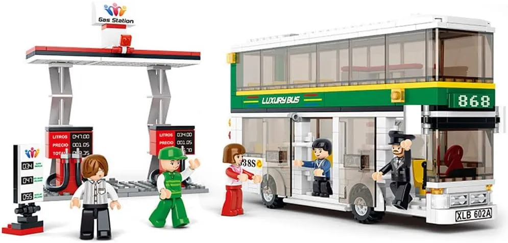 Double Decker Bus Building Block Set,Gas Station Children's Toys,Best Learning Roleplay STEM Bricks Play Toys Gift for Boys Girls Aged 6-12,409PCS