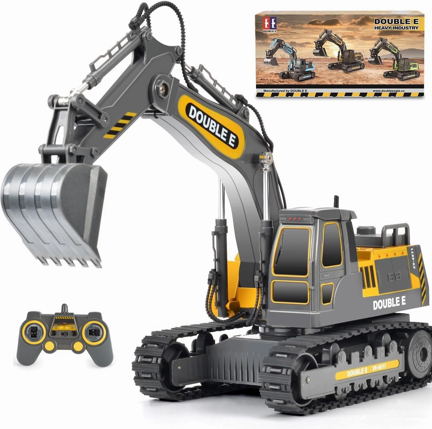 DOUBLE E Remote Control Excavator Toy Construction Toys Tractor Rechargeable Battery RC Vehicles Electric Truck Sandbox Digger Toys for Boys Girls Kids, Gray