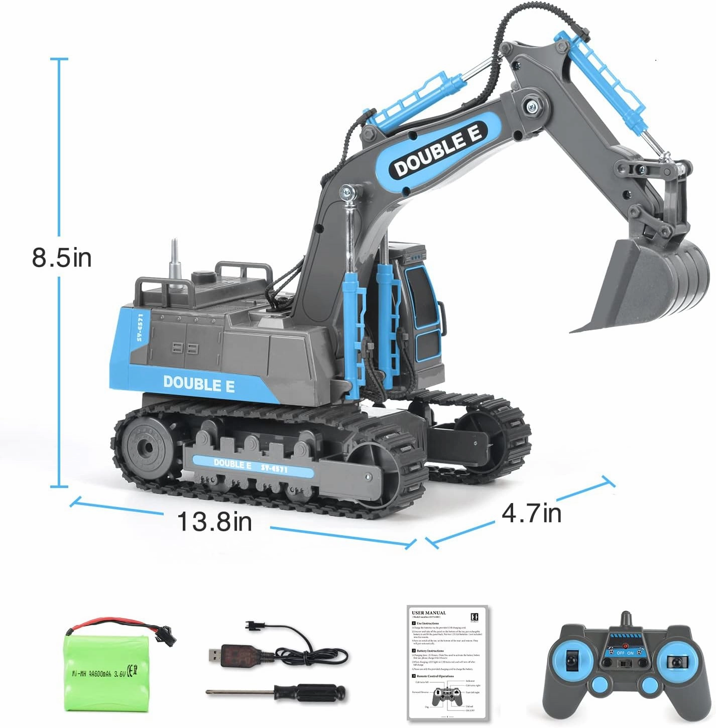 DOUBLE E Remote Control Excavator Toy RC Excavators Rechargeable Battery Digger Hydraulic Construction Toys Vehicles Xmas Gift for Boys Girls Kids 3-14 Years，Gray-Blue