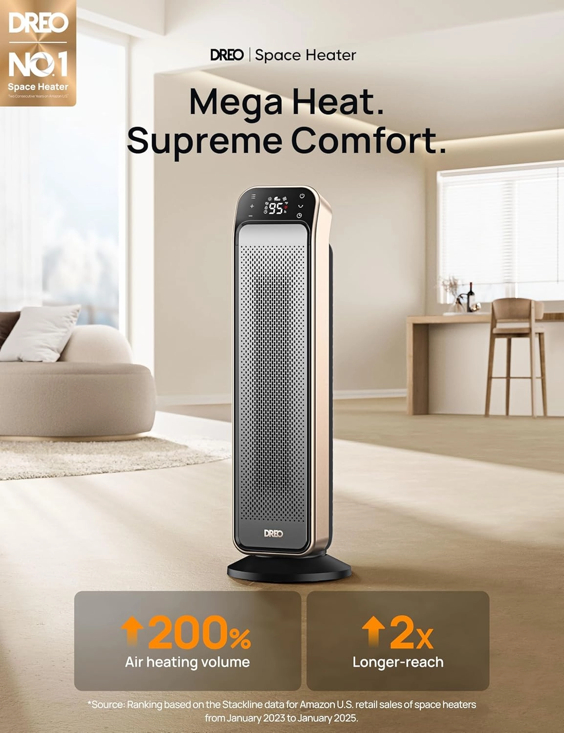 Dreo Space Heater for Indoor Use, 25" 11.5ft/s Fast Electric Heater with Remote and Thermostat, 3 Modes, Overheating & Tip-Over Protection, Portable Heater for Large Room, Bedroom, Office, Gold