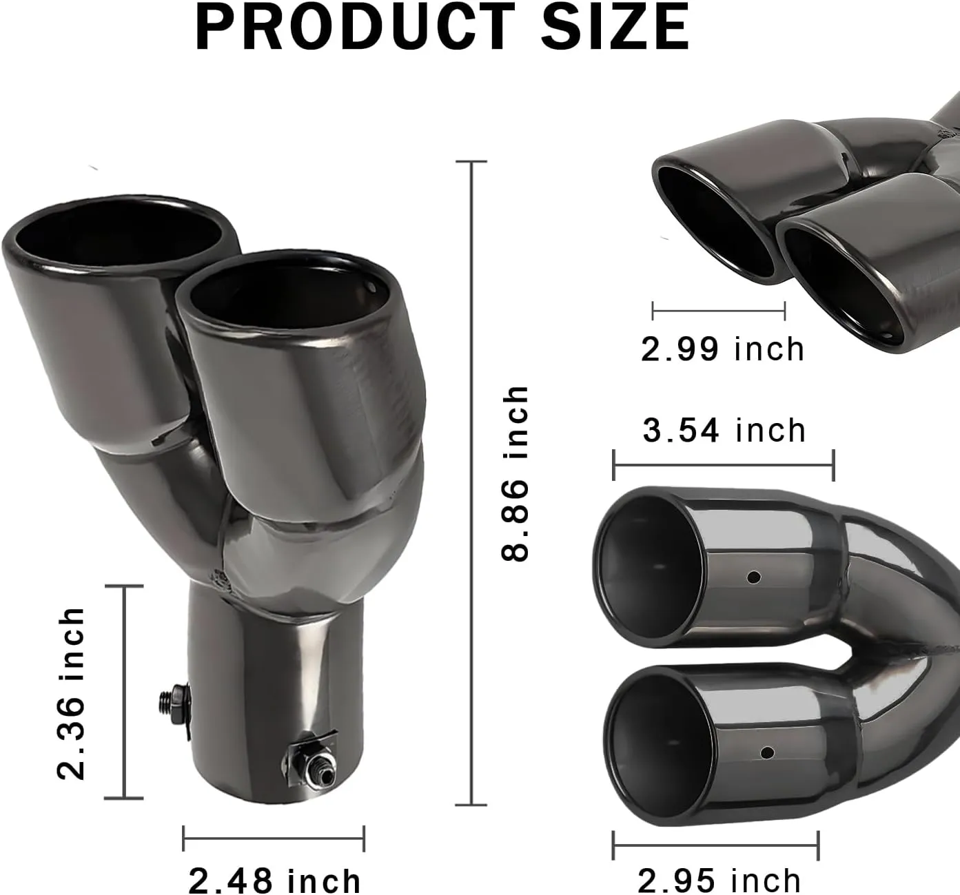 Dual Exhaust Tip 2.5 inch Inlet, Universal Car Exhaust Pipe Tail Throat Tail Pipe Stainless Steel Y Pipe, Adjustable Car Thickened Muffler Slant Cut Tip (Curved,Black Paint)