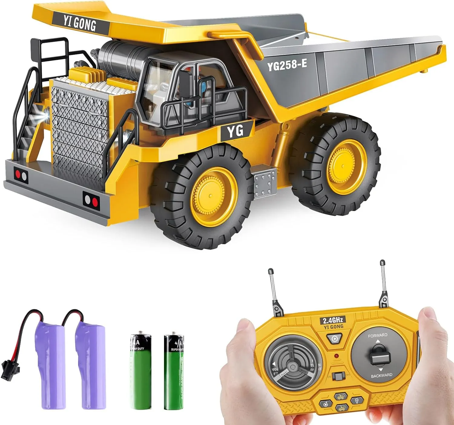 Dwi Dowellin Remote Control Dump Truck Toys for Boys 4-7,Construction Rc car with Metal Bed Lights/Sounds for Kids Age 8-12 Year Old,Ideal for Boys Age 3 