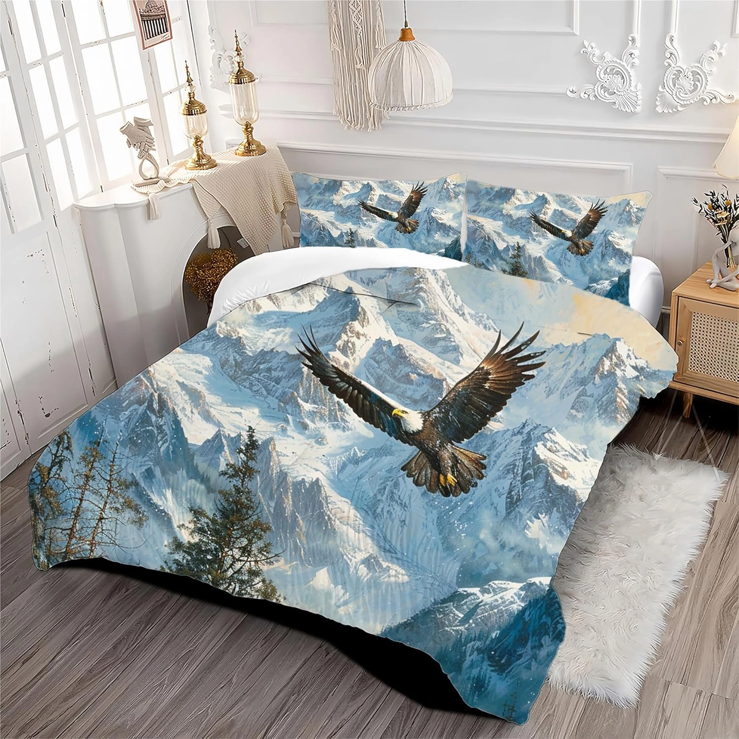 Eagle Comforter Set Twin Size Bald Eagle Flying Over Snow Mountain Bedding Set for Kids Boys Teens, Eagle Theme Quilt Set Twin - 1 Comforter   1 Pillow Case