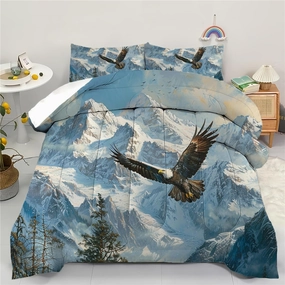 Eagle Comforter Set Twin Size Bald Eagle Flying Over Snow Mountain Bedding Set for Kids Boys Teens, Eagle Theme Quilt Set Twin - 1 Comforter   1 Pillow Case