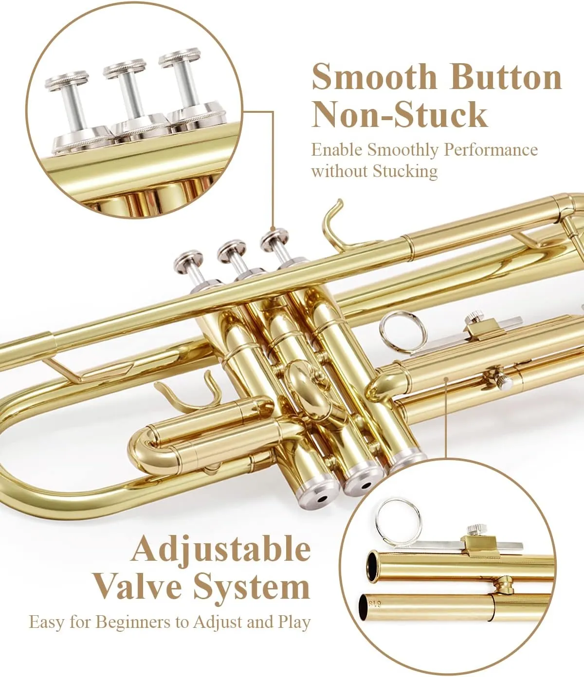 Eastar Bb Standard Trumpet Set for Beginner, Brass Student Trumpet Instrument with Hard Case, Cleaning Kit, 7C Mouthpiece and Gloves, ETR-380, Golden