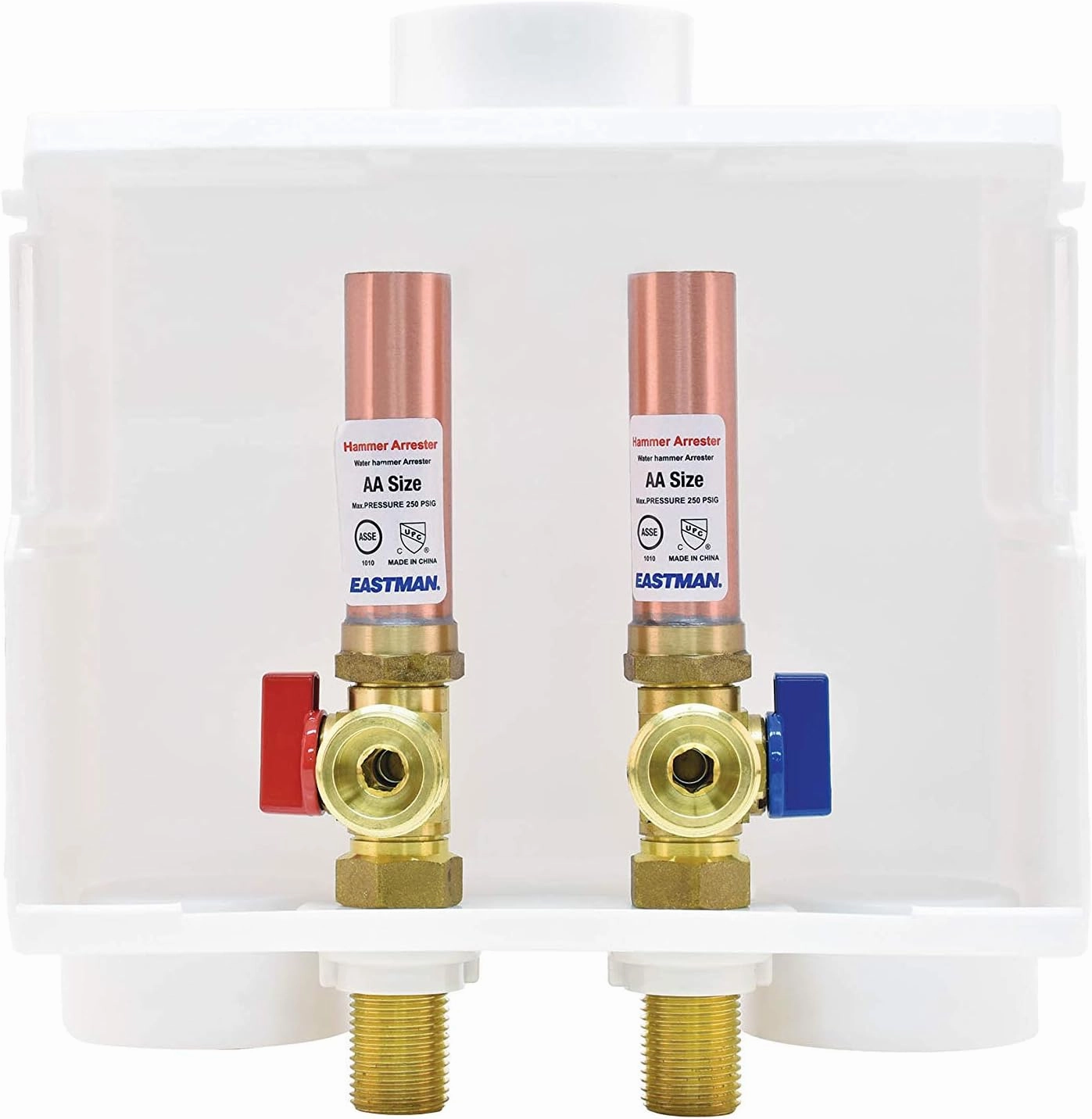 Eastman 1/2 Inch Sweat Connection Dual Drain Washing Machine Outlet Box with Hammer Arrestors and Quarter Turn Ball Valves, White, 60252