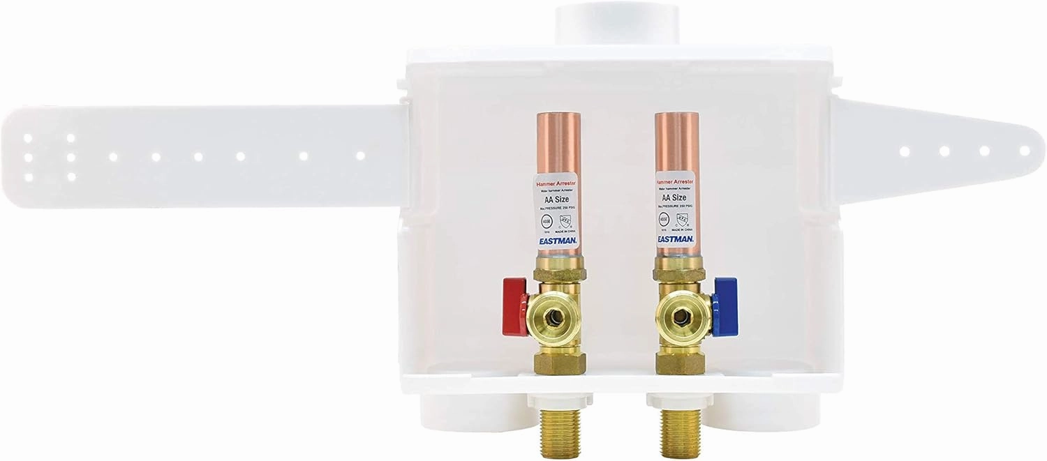 Eastman 1/2 Inch Sweat Connection Dual Drain Washing Machine Outlet Box with Hammer Arrestors and Quarter Turn Ball Valves, White, 60252