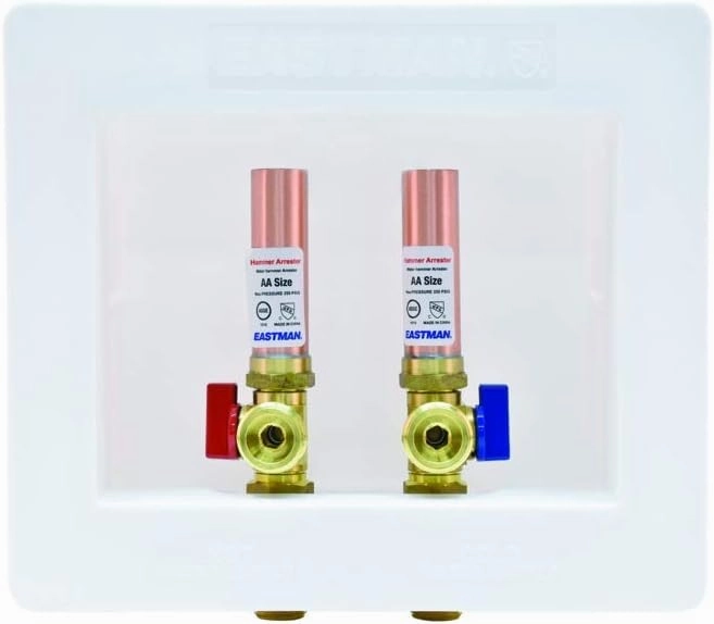 Eastman 1/2 Inch Sweat Connection Dual Drain Washing Machine Outlet Box with Hammer Arrestors and Quarter Turn Ball Valves, White, 60252