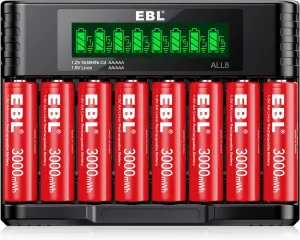 EBL 8 Pack Rechargeable Lithium AA Batteries, 1.5V 3000mWh Double a Batteries Long Lasting AA Li-ion Battery (8AA with Charger)