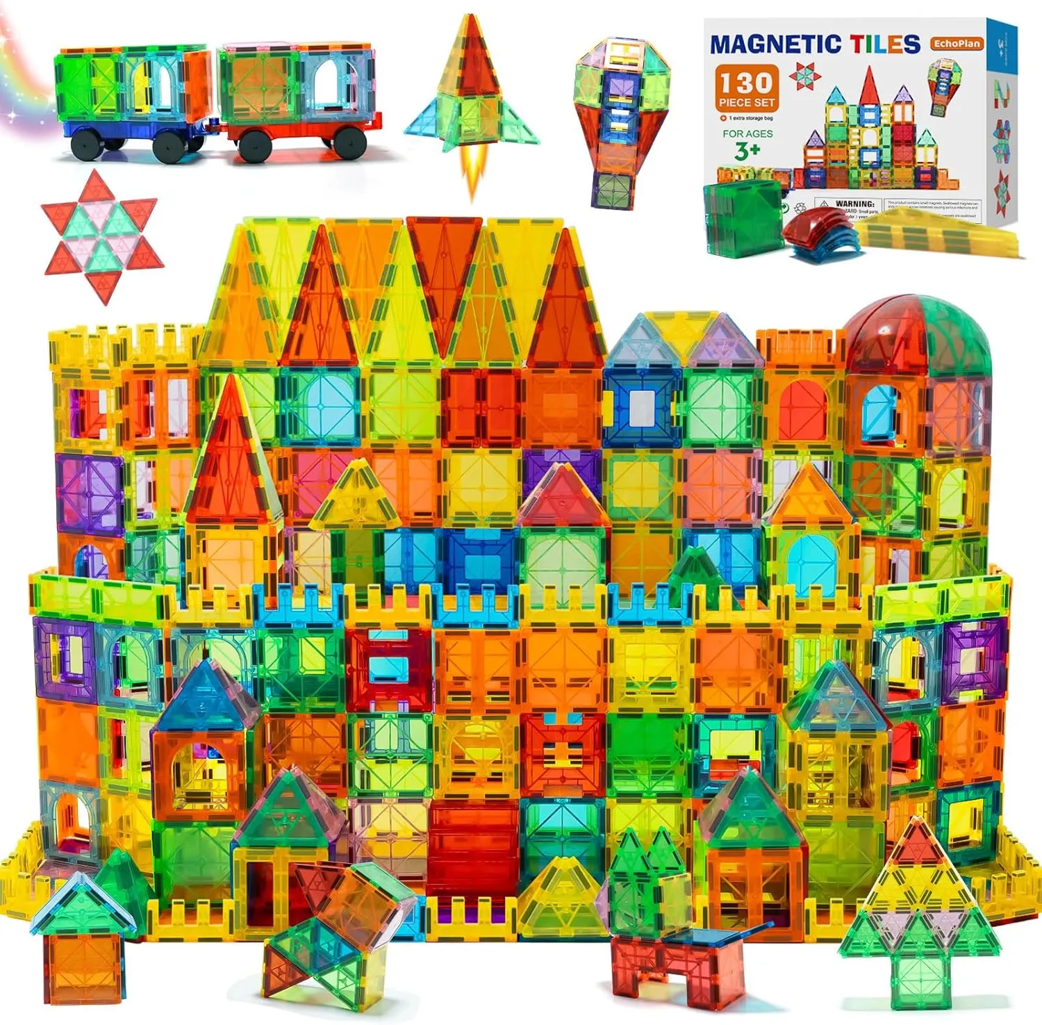 EchoPlan Magnetic Tiles, 130PCS Magnetic Blocks with 2 Cars, Magnet Tiles 3D Clear Building Blocks Set, STEM Sensory Educational Toys Gift for Toddlers Kids Boys 3 4 5 6 7 8 9  Year Old