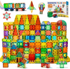 EchoPlan Magnetic Tiles, 130PCS Magnetic Blocks with 2 Cars, Magnet Tiles 3D Clear Building Blocks Set, STEM Sensory Educational Toys Gift for Toddlers Kids Boys 3 4 5 6 7 8 9  Year Old