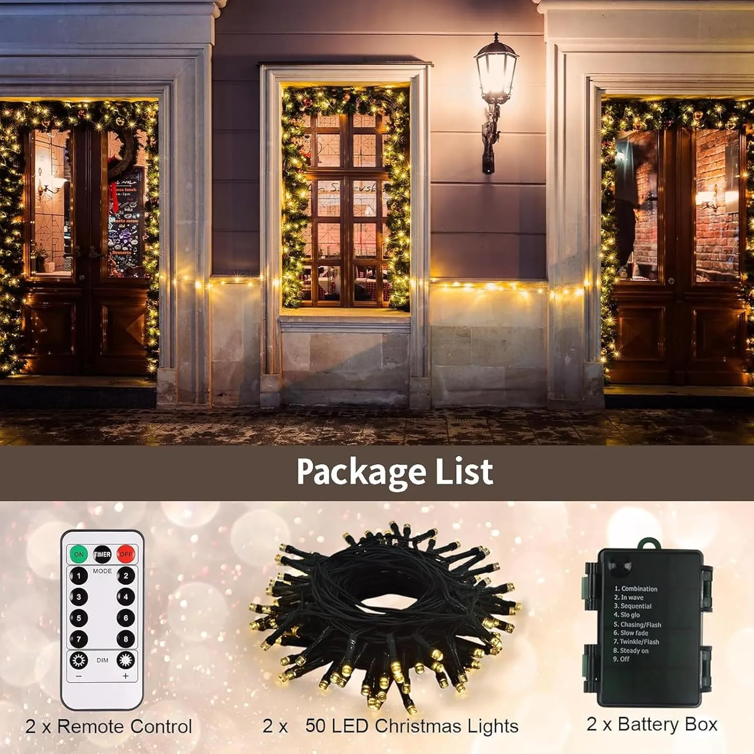 echosari 2 Pack Battery Operated Christmas Lights 16ft Green Wire 50 LED Fairy String Light with Remote, Timer, Dimmable for Xmas Tree Wedding Party Decor (Warm White)