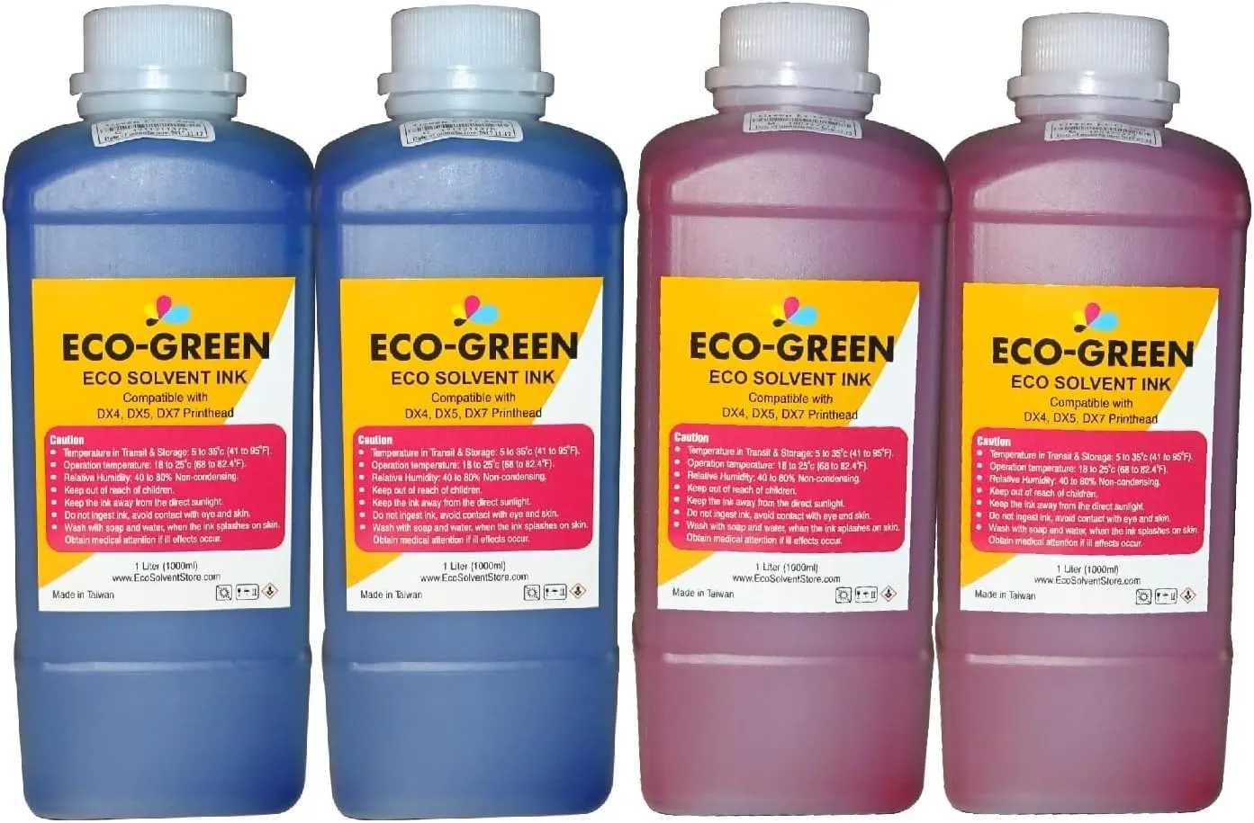 Eco Solvent Ink for Wide Format Commercial Sign Printers Using DX4 DX5 DX7 DX9 DX10 DX 11 XP600 TX800 I3200 Printhead, Mimaki, Roland, Mutoh, Will NOT Work with Desktop Printers. (2 Cyan  2 Magenta)
