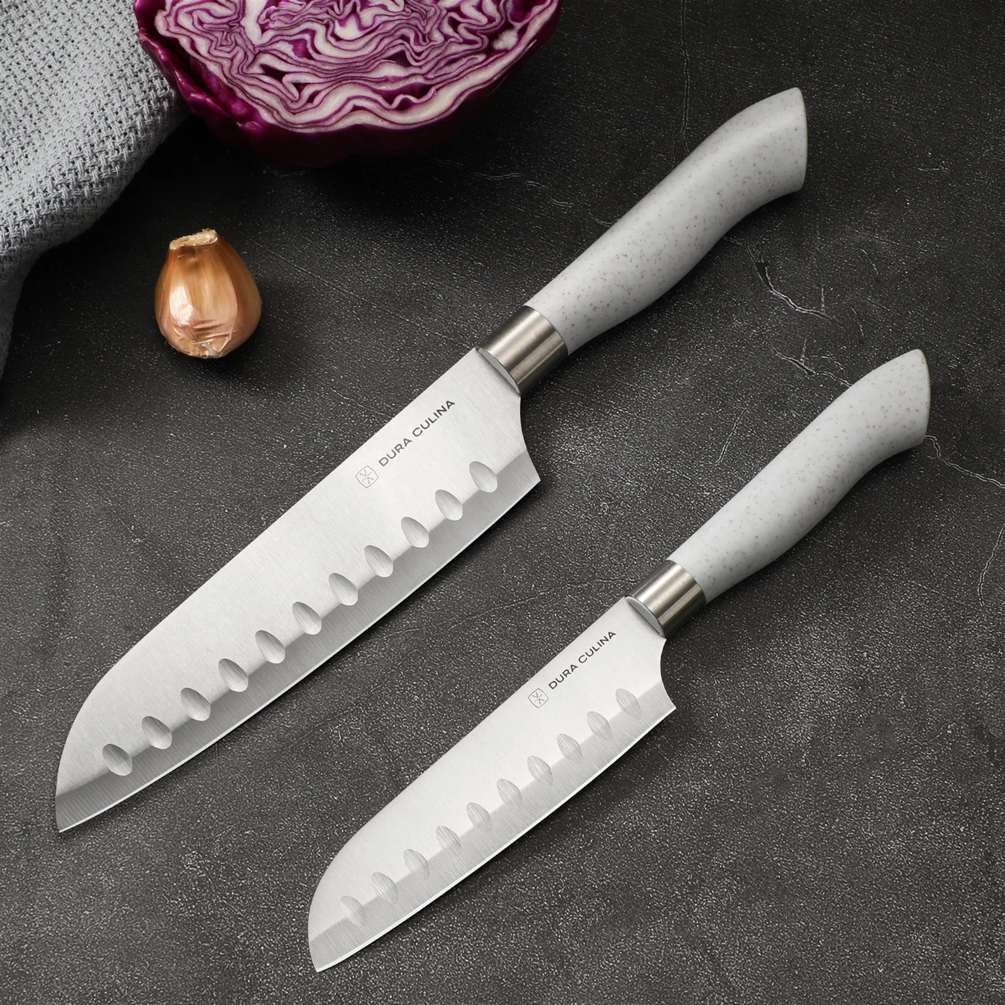 EcoCut 2 Piece Santoku Knife Set With Blade Guards, Grey by Dura Living