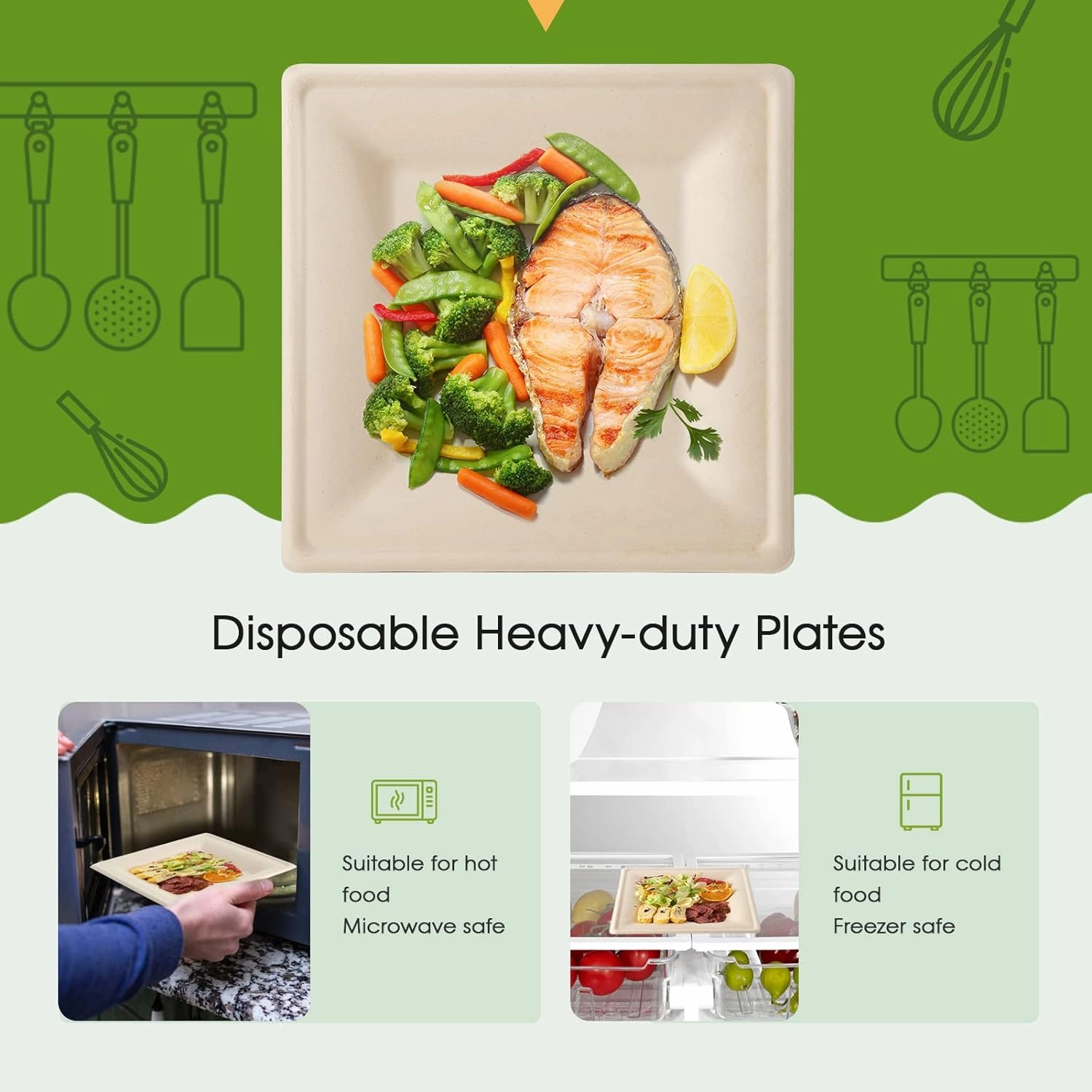 ECOLipak 100 Pack Compostable Square Plates, 10 inch Disposable Paper Plates Made of Sugacane, Eco-friendly Heavy Duty Biodegradable