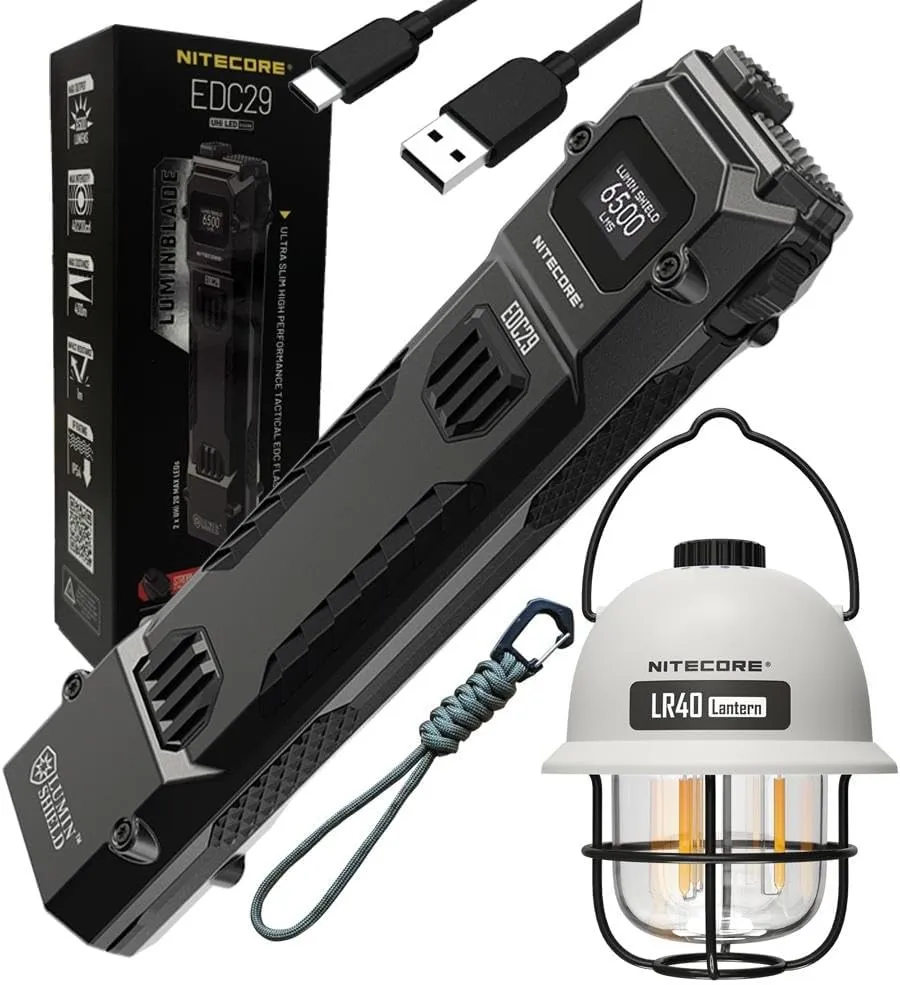 EDC29 - LR40 White - Nitecore EDC29 Rechargeable Flashlight 6500 Lumens   LR40 USB-C Lantern 100 Lumens- White, Triple Light Modes, SOS, 65hrs Runtime, Outdoor Camping & Emergency Lighting
