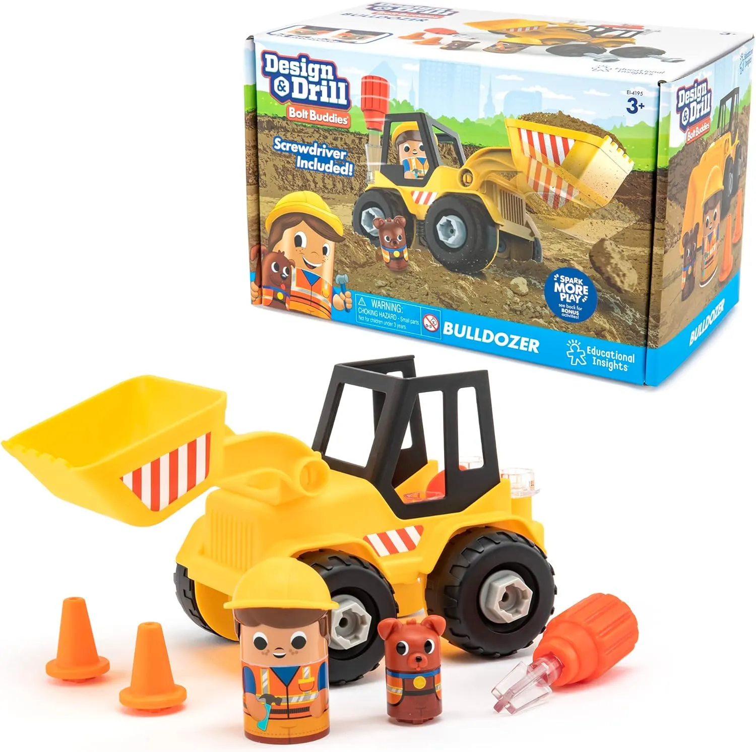 Educational Insights Design & Drill Bolt Buddies Bulldozer Take Apart Toy, Preschool STEM Toy, Gift for Kids Ages 3 