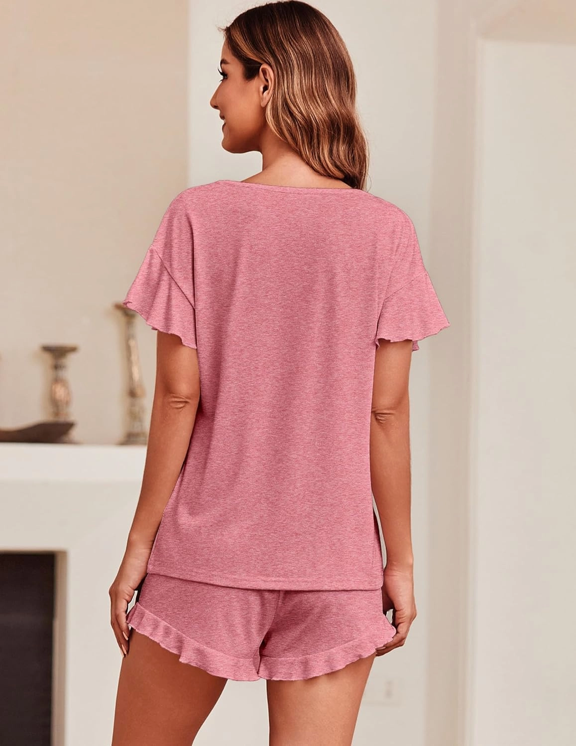 Ekouaer Women's Pajama Set Ruffle Sleeves Top and Short Soft 2 Piece Loungewear Set