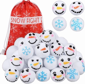 Elcoho 24 Pack 2.8 Inches Kid Snow Toy Ball Set Fight Fun Plush Snowmen Balls Artificial Fake Ball with Snowflake Bag for Kid Christmas Winter Game Indoor Outdoor Play Toy