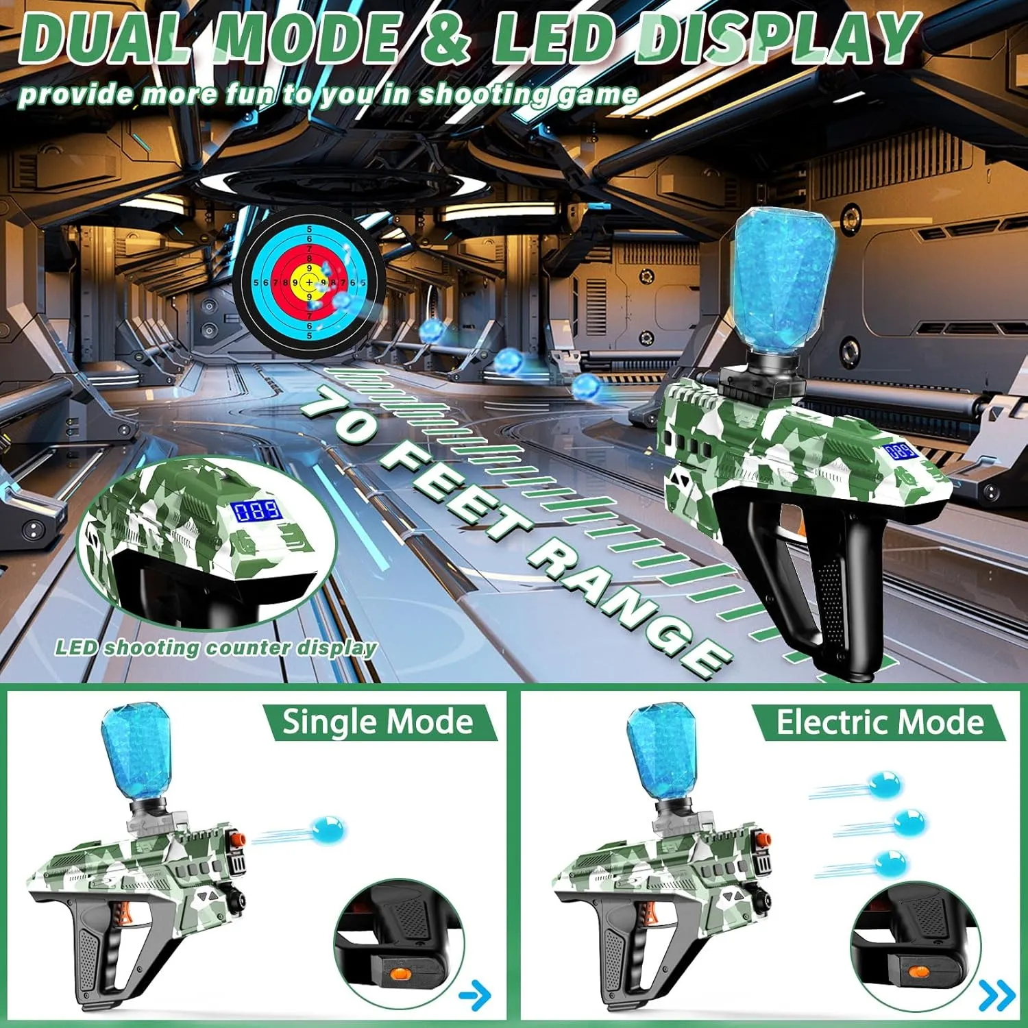 Electric Gel Ball Blaster, High Speed Automatic Splatter Ball Blaster, Rechargeable Pistol Splatter Blaster with Digital Screen, Splatter Ball Toy for Outdoor Shooting Game, Ages 14 ,Green