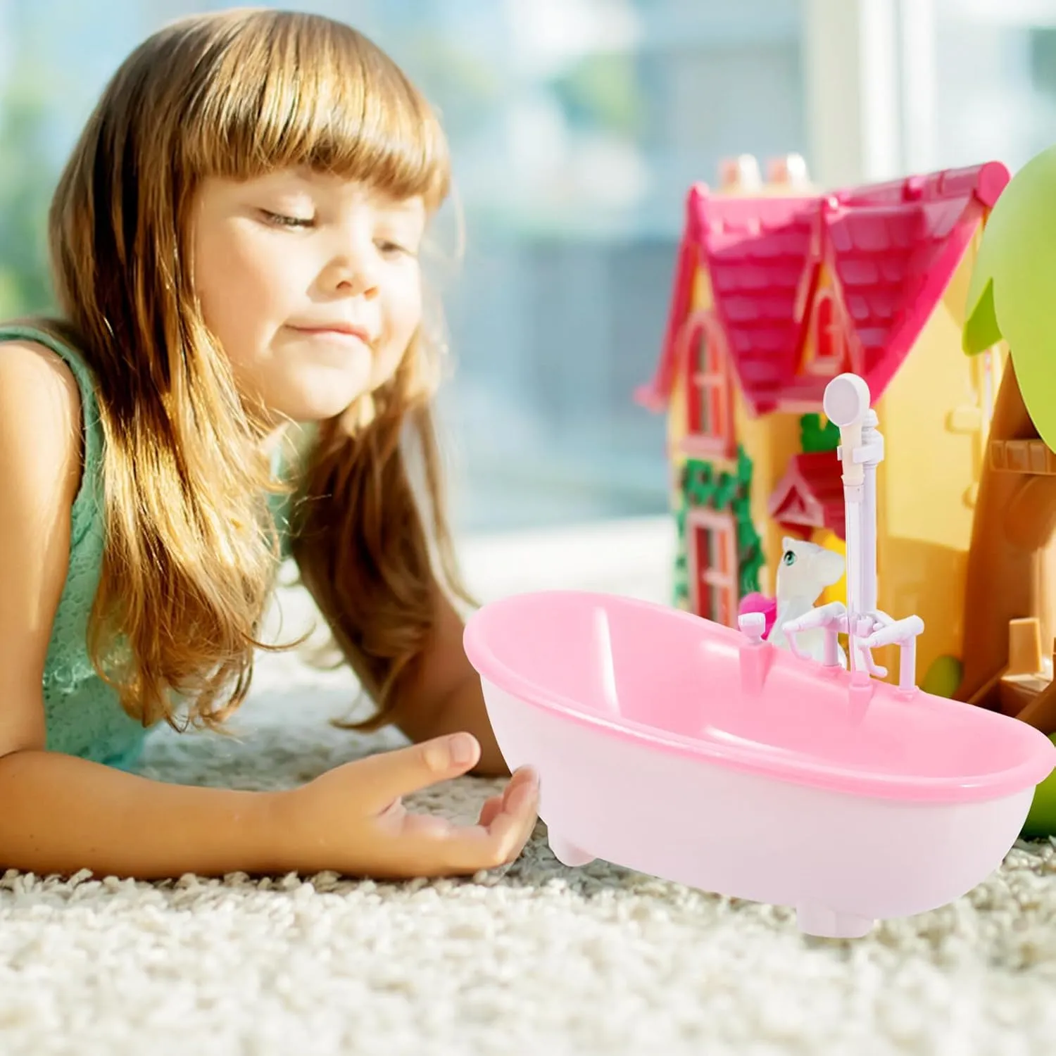 Electric Water Spraying Bathtub, Doll Bathing Tub, Swimming Pool with Sprayer for Doll, Kids Pretend Play Toy, Pink