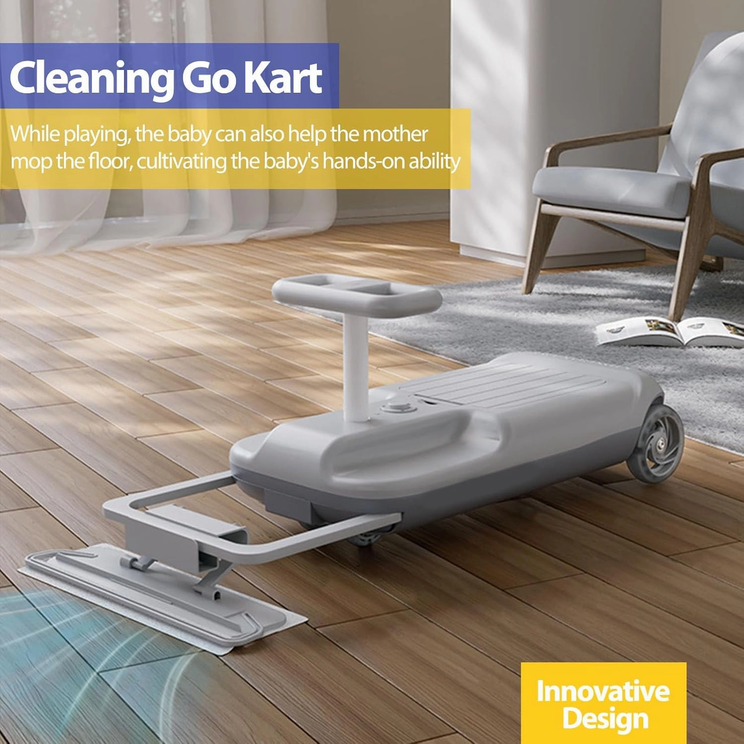 Electric Cleaning Go Kart, Kids Cleaning Go Kart, 12V Ride-On Racing Portable Kart for 3-8 Years Old with Built-in Bearings, 5 Speed ​​Adjustable,Grey