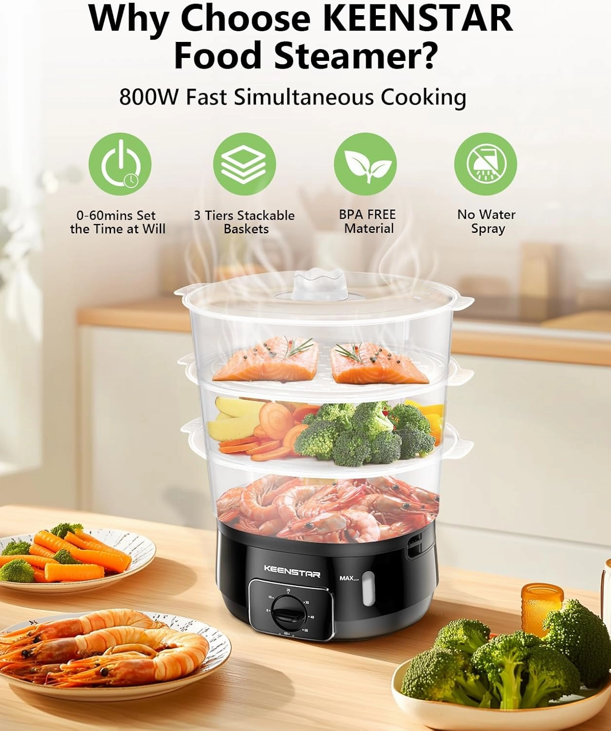Electric Food Steamer for Cooking, 13.7QT Vegetable Steamer with 3 Tiers BPA-Free Baskets, 800W Fast Simultaneous Cooking, 60-Minute Timer, Ideal for Veggies Seafood Rice