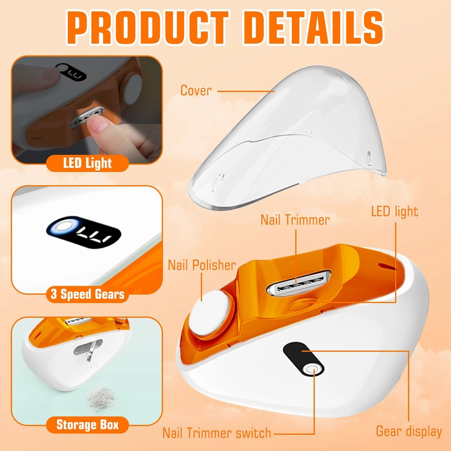 Electric Nail Clipper, Upgraded 2 in 1 Nail File Trimmer with Polishing, 3 Speeds Baby Nail Clipper Electric with LED Light and Nail Clip Storage, USB Rechargeable Safety Fingernail for Kids, Seniors