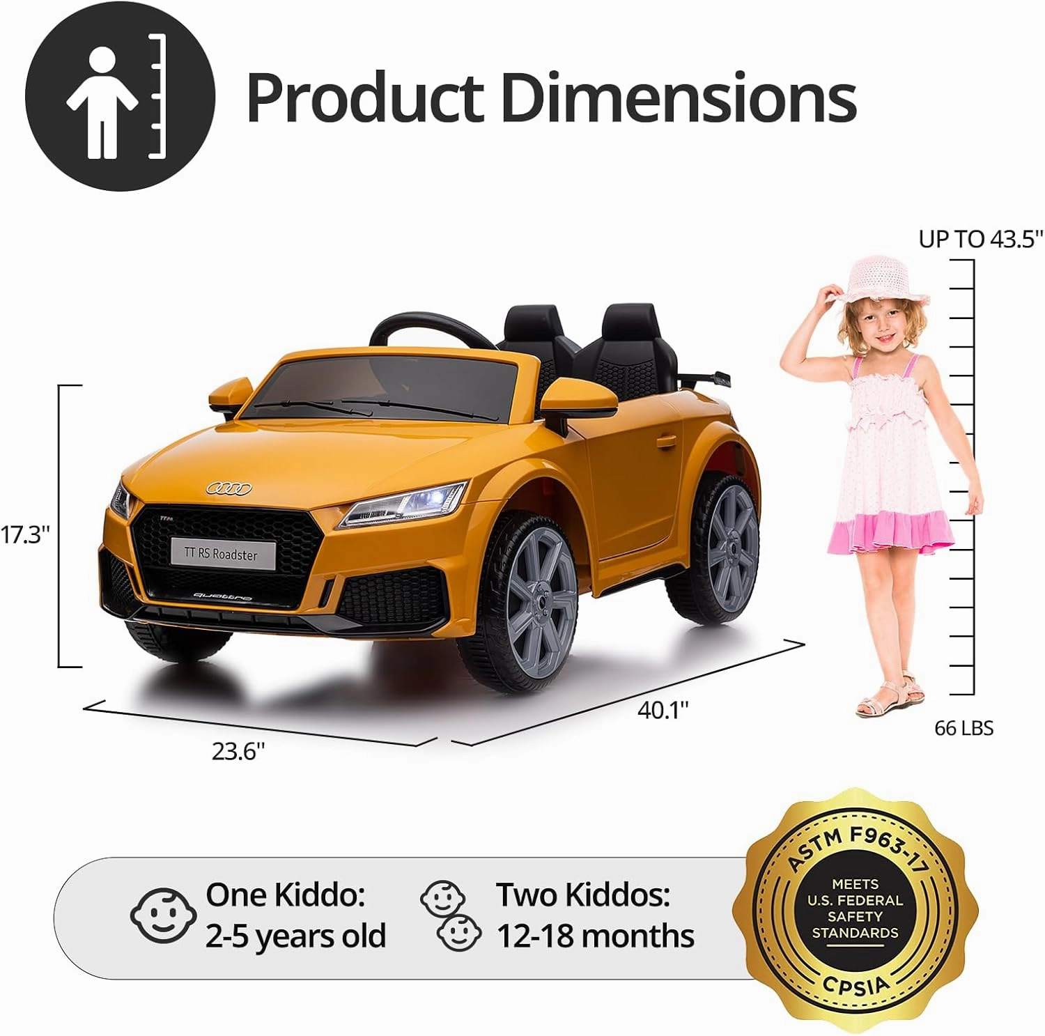 Electric Ride on Car for Kids, Licensed Audi 12V 7Ah Kids Ride-on Toy for Toddlers 3-5 Year Old with Remote - Yellow