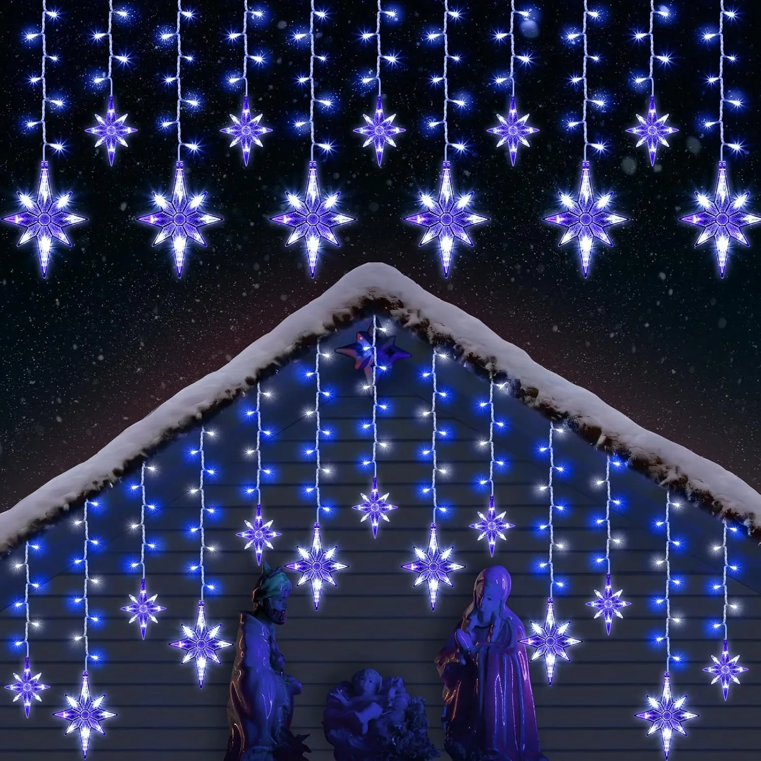 Enhon 14 Drops Christmas Bethlehem Star String Light Outdoor, 11.5FT 175 LED Large Hanging Bethlehem Star Lights with 8 Lighting Modes for Christmas Outdoor Light(Warm White)(Blue White)