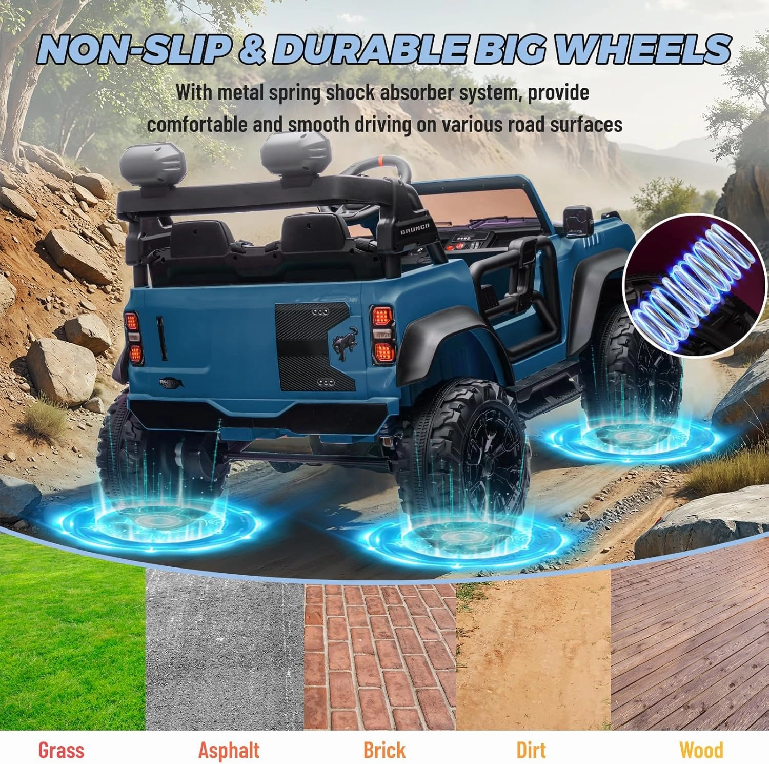 ENYOPRO 2 Seater Ride On Car for Kids, 24v Licensed Ford Bronco Raptor Electric Power Ride On Truck Toy with Remote Control, 4 Wheels Shock Absorption, Soft Start, Bluetooth, Radio, 3 Speed - Blue
