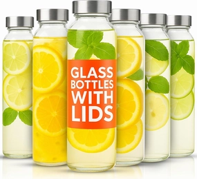 Epica glass bottles with lids – 17.5 oz water bottles, reusable glass juice bottles with lids for storing juices, reusable water bottle durable & ecofriendly set of 6