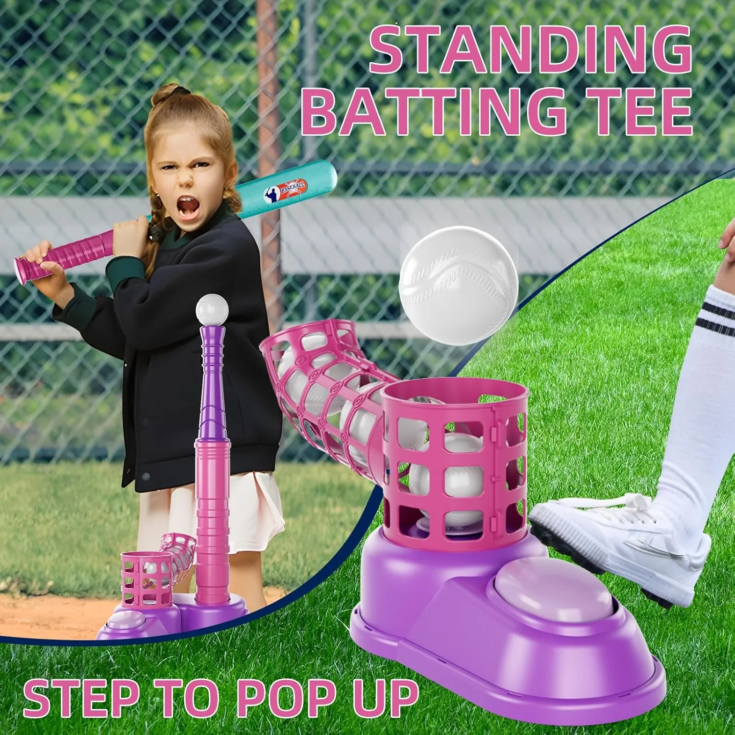 EPPO Tee Ball Set for Kids 3-5|5-8, Kids Baseball Tee, 2 in 1 T-Ball Set, 10 Balls, Toddler T Ball Set with Step on Pitching Machine, Outdoor Sport Toy for Kids 3-12 Years Boys Girls