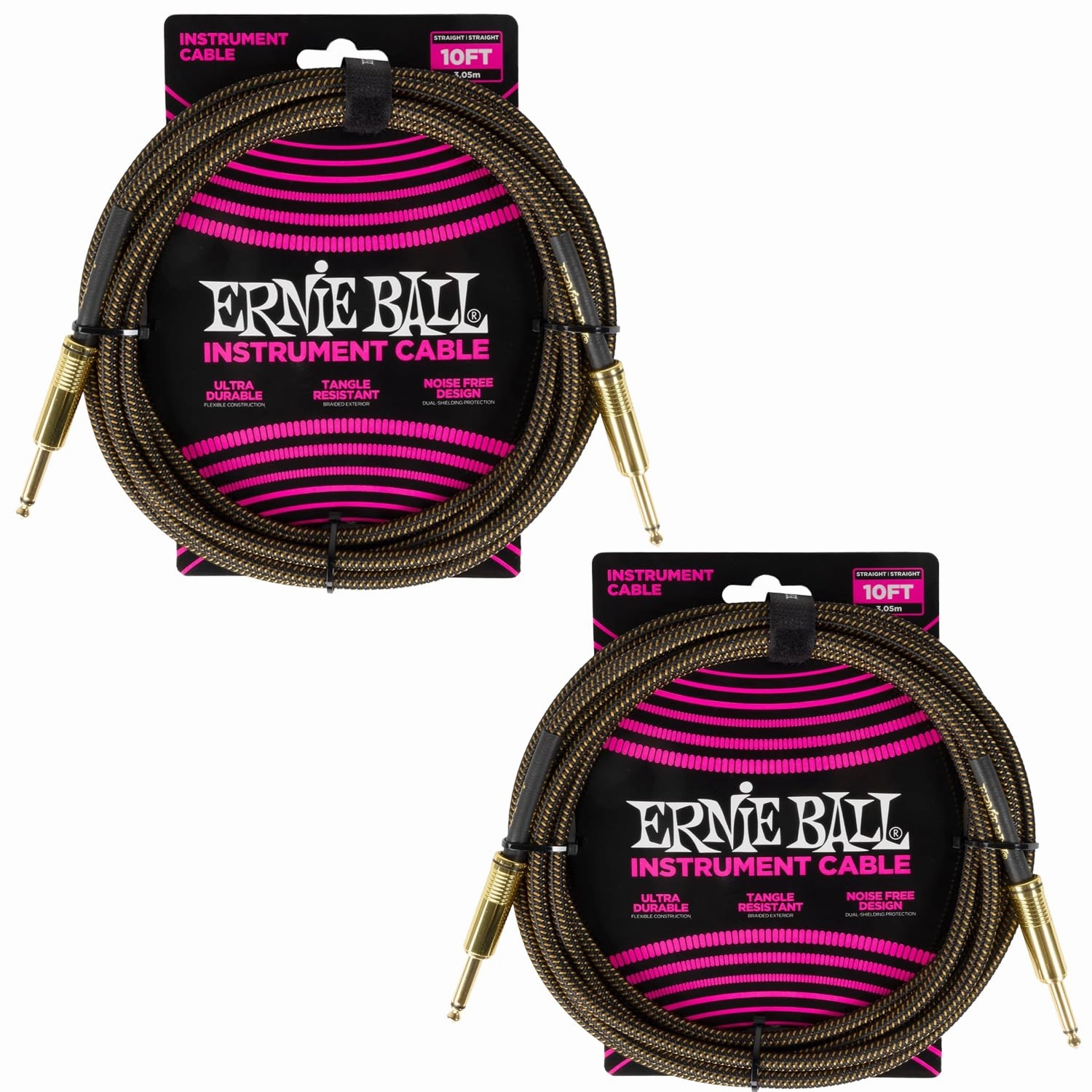 Ernie Ball Braided Instrument Cable Set Straight/Straight Length 10ft in Pay Dirt (P06428) - Pack of 2
